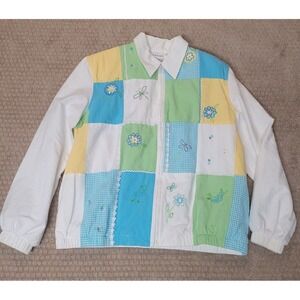 Alfred Dunner Linen Jacket Womens 8P Zip Patchwork, colorblock cottagecore blue